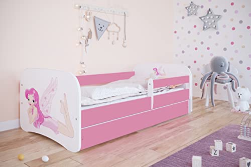 Bjird Kinderbett Jugendbett 70x140 80x160 80x180 Rosa mit Rausfallschutz Schublade und Lattenrost Kinderbetten für Mädchen - Fee mit Flügeln 140 cm von Bjird