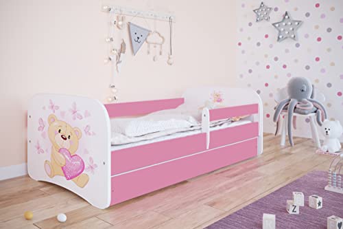 Bjird Kinderbett Jugendbett 70x140 80x160 80x180 Rosa mit Rausfallschutz Schublade und Lattenrost Kinderbetten für Mädchen - Teddybär mit Schmetterlingen 160 cm von Bjird