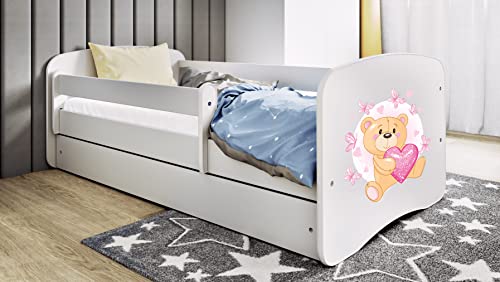 Bjird Kinderbett Jugendbett 70x140 80x160 80x180 Weiß mit Rausfallschutz Matratze Schublade und Lattenrost Kinderbetten für Mädchen und Junge - Teddybär mit Schmetterlingen 140 cm von Bjird