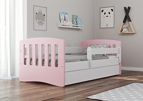 Bjird Kinderbett Jugendbett 80x160 80x180 mit Rausfallschutz Matratze Schublade und Lattenrost Kinderbetten für Mädchen und Junge - Classic I (80 x 160 cm mit Matratze, Puderrosa) von Bjird