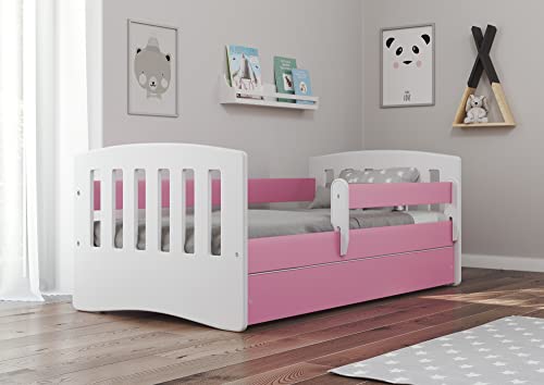 Bjird Kinderbett Jugendbett 80x160 80x180 mit Rausfallschutz Matratze Schublade und Lattenrost Kinderbetten für Mädchen und Junge - Classic I (80 x 160 cm mit Matratze, Rosa) von Bjird