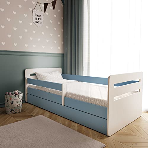 Bjird Kinderbett Jugendbett 80x160 Blau mit Rausfallschutz Schubalde und Lattenrost Kinderbetten für Mädchen und Junge - Tomi 180 cm von Bjird