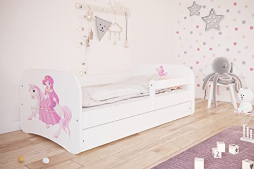 Bjird Kinderbett Jugendbett 80x160 cm Weiß mit Matratze Rausfallschutz Schublade und Lattenrost Kinderbetten für Mädchen und Junge - Prinzessin auf dem Pony von Bjird