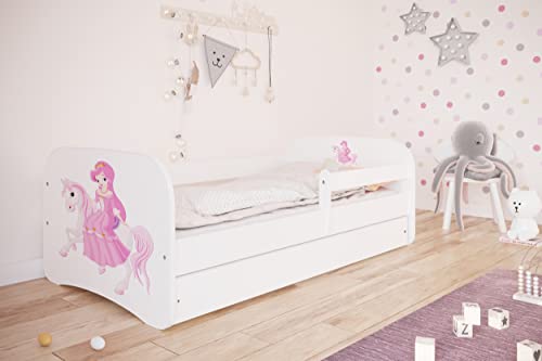 Bjird Kinderbett Jugendbett 80x180 cm Weiß mit Matratze Rausfallschutz Schublade und Lattenrost Kinderbetten für Mädchen und Junge - Prinzessin auf dem Pony von Bjird