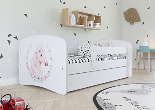 Bjird Kinderbett Jugendbett 80x180 cm cm Weiß mit Matratze Rausfallschutz Schublade und Lattenrost Kinderbetten für Mädchen und Junge - Einhorn von Bjird