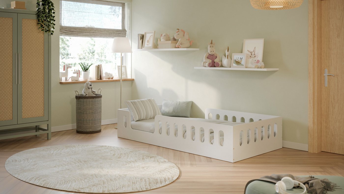 Bjird Kinderbett Montessori Bodenbett 160x80 / 180x80 cm (optional mit Matratze, mit abnehmbaren Rausfallschutz & Lattenrost), Babybett zur Förderung von Selbstständigkeit und Kreativität von Bjird