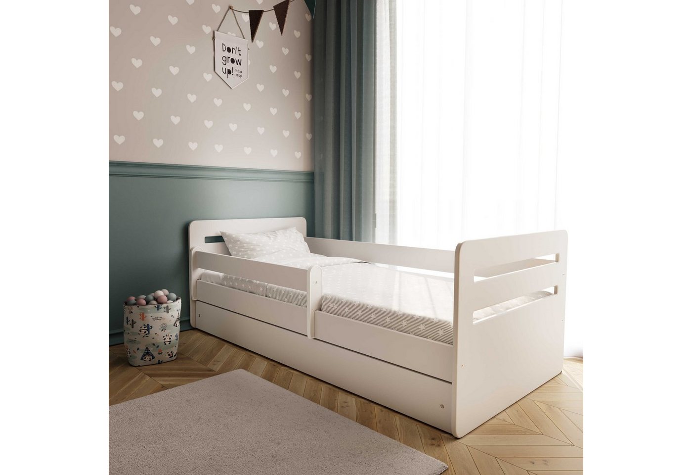 Bjird Kinderbett Tomi 140x80 160x80 180x80 (Mit 8 cm Matratze), mit Rausfallschutz Schubalde und Lattenrost für Mädchen und Junge von Bjird