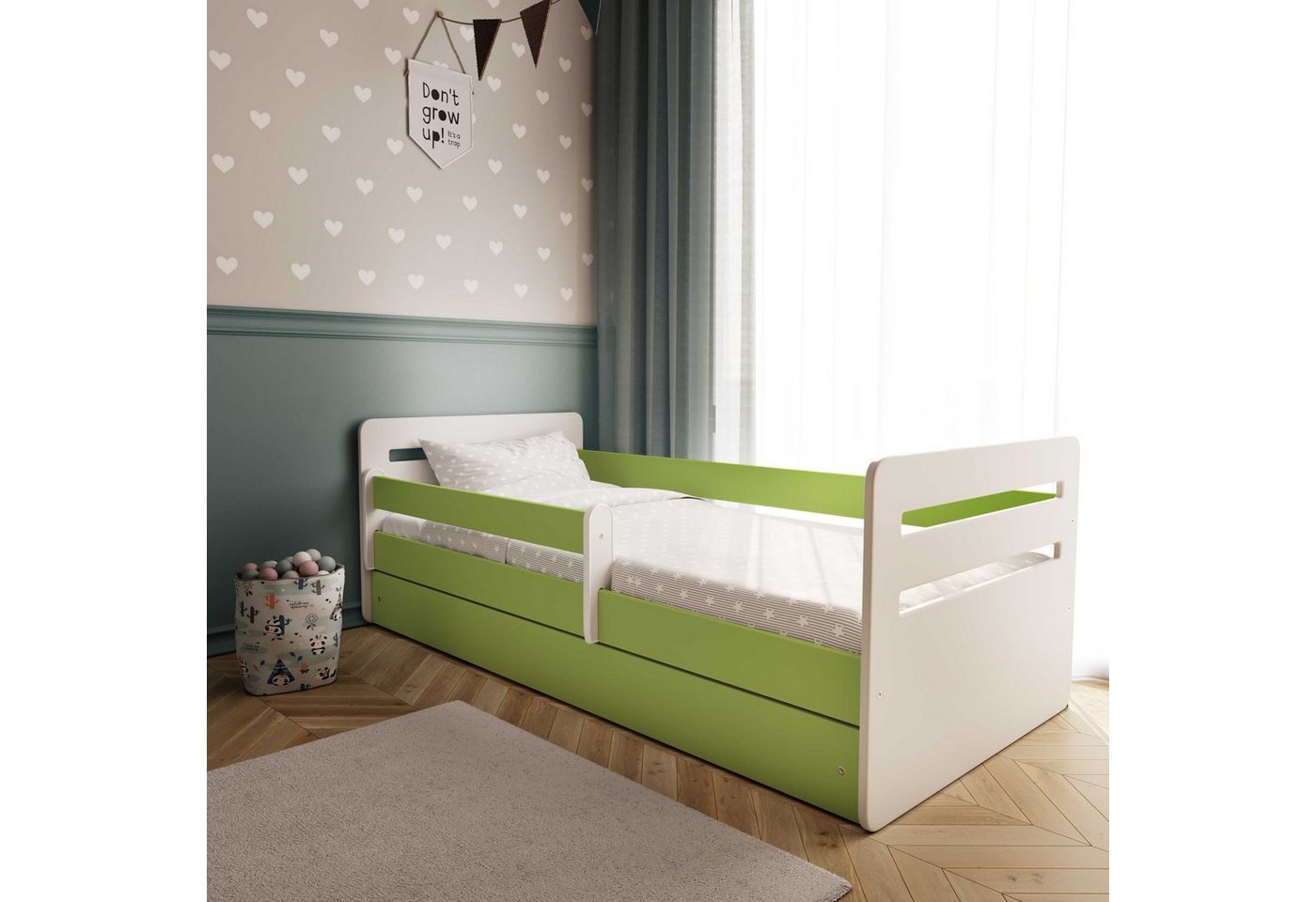 Bjird Kinderbett Tomi 140x80 160x80 180x80 (Mit 8 cm Matratze), mit Rausfallschutz Schubalde und Lattenrost für Mädchen und Junge von Bjird