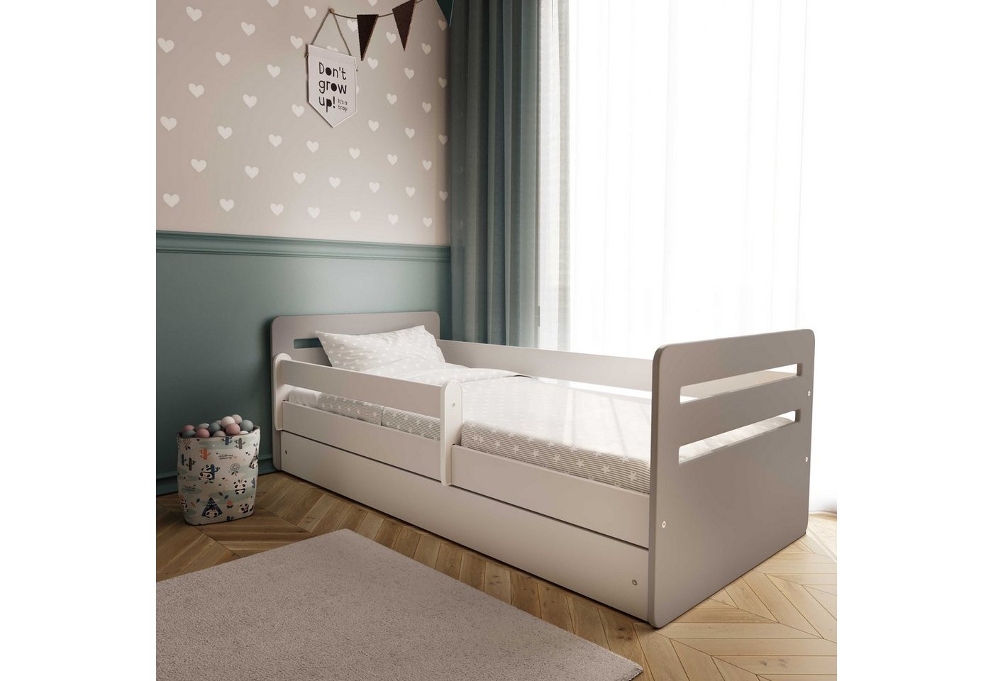 Bjird Kinderbett Tomi 140x80 160x80 180x80 (Mit 8 cm Matratze), mit Rausfallschutz Schubalde und Lattenrost für Mädchen und Junge von Bjird