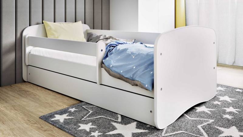 Bjird Kinderbett Weiß 140x70 160x80 180x80, inklusive Schublade und verstellbaren Rausfallschutz von Bjird