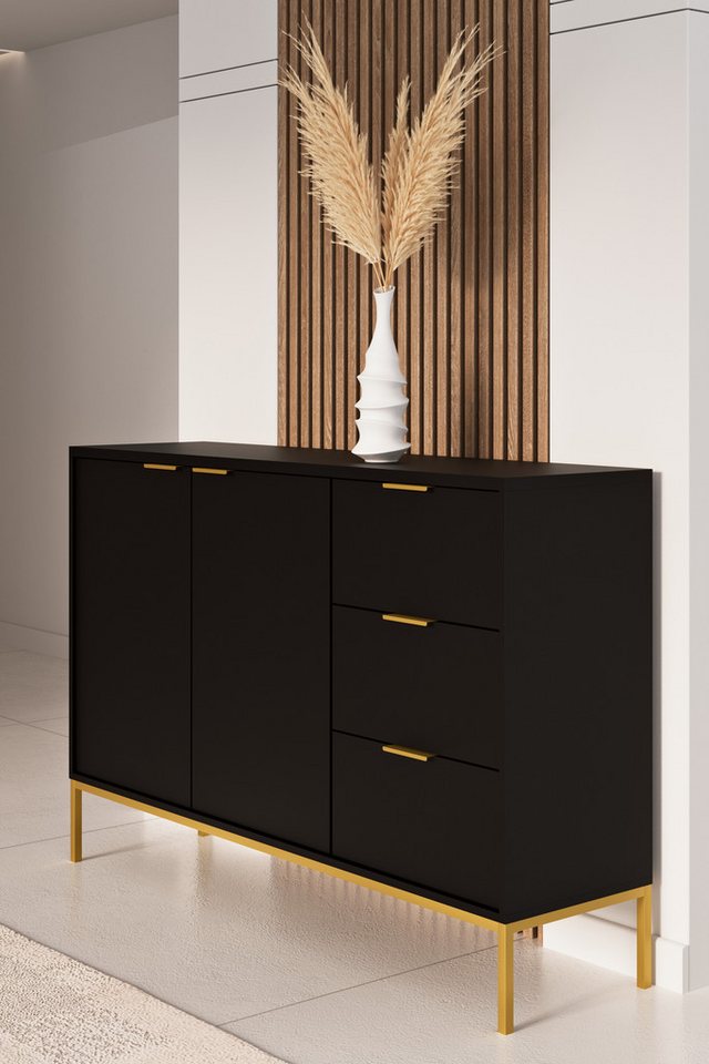 Bjird Kommode Sideboard 150x104x40 cm Schrank mit Stauraum, Türen Metallgestell, 3 Schubladen Vollauszug Soft-Close, 2 Türen, höhenverstellbare von Bjird