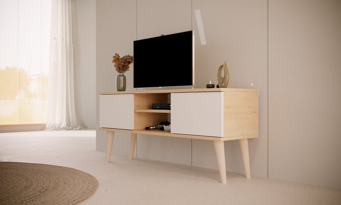 Bjird Lowboard TV-Schrank Toronto" (2 Schranktüren, 2 Ablagefächern und Kabelöffnung), Breite 120 cm, Beine aus Buchenholz, für Fernseher bis zu 50 Zoll" von Bjird