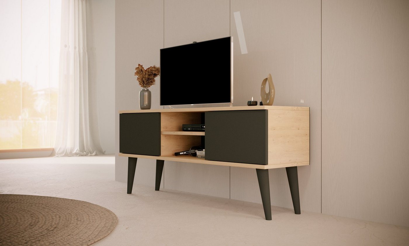 Bjird Lowboard TV-Schrank Toronto" (2 Schranktüren, 2 Ablagefächern und Kabelöffnung), Breite 120 cm, Beine aus Buchenholz, für Fernseher bis zu 50 Zoll" von Bjird