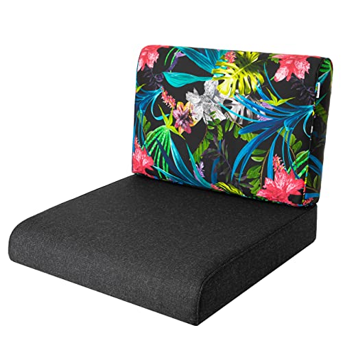Bjird Sitzkissen 60x60 cm für Rattanmöbel – Sessel & Stühle – 2-teilig (Sitz + Rückenlehne) – Indoor & Outdoor – Wasserabweisend – Anti-Rutsch – Oeko-TEX - Schwarz + Bunte Blätter von Bjird