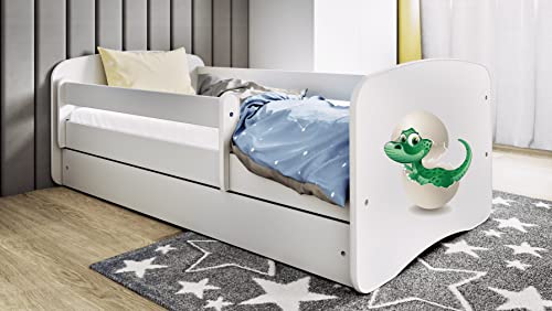 Bjird Kinderbett Jugendbett 70x140 80x160 80x180 Weiß mit Rausfallschutz Matratze Schublade und Lattenrost Kinderbetten für Mädchen und Junge - Kleiner Dino 140 cm von Bjird