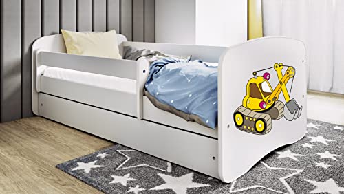 Kinderbett Jugendbett 70x140 80x160 80x180 cm Weiß mit Rausfallschutz Matratze Schublade und Lattenrost Kinderbetten für Mädchen und Junge - Bagger 140 cm von Bjird