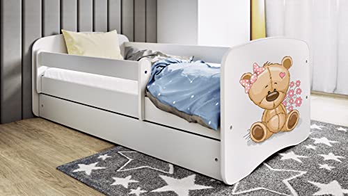 Kinderbett Jugendbett 70x140 80x160 80x180 cm Weiß mit Rausfallschutz Matratze Schublade und Lattenrost Kinderbetten für Mädchen und Junge - Teddybär mit Blumen 180 cm von Bjird