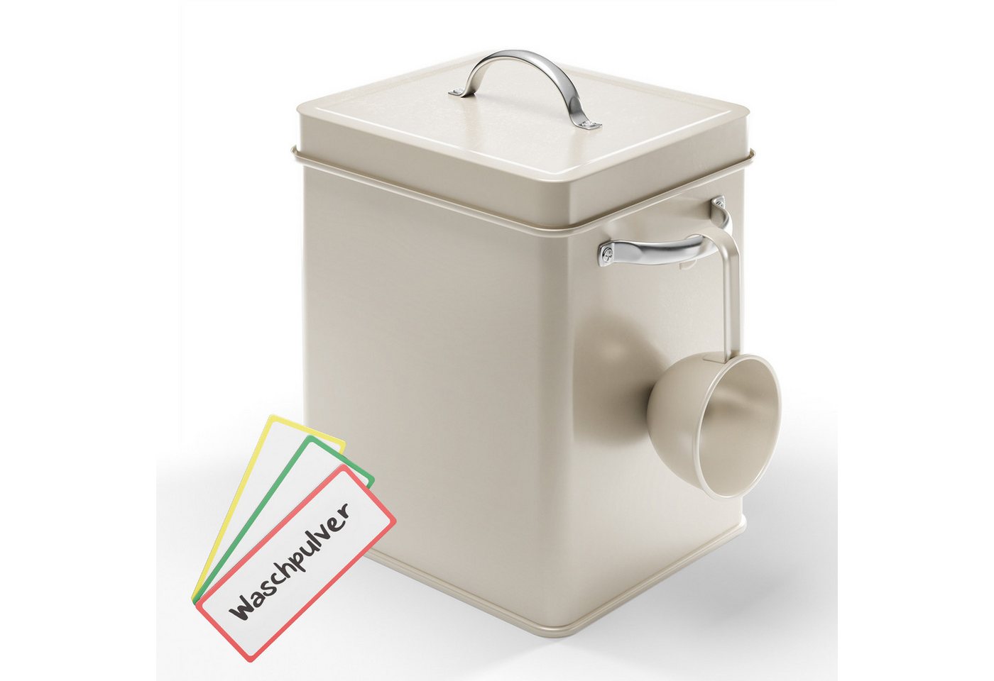 Björn&Schiller Aufbewahrungsbox Waschpulver 6,5 L, Waschmittelbehälter Metall (Box für Spülmaschinenpulver, Set aus drei beschreibbaren Magneten), Waschmittelbox mit Dosierer, Geschirrspülpulver Behälter von Björn&Schiller