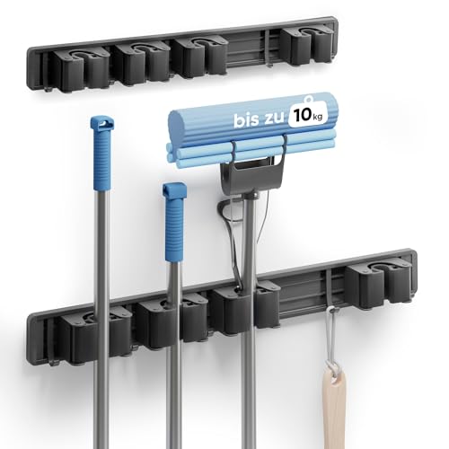 Björn&Schiller Besenhalterung Wand, 2 Stck., Gerätehalter, Wandhalterung für Gartengeräte, Besenaufhängung, Haken für Besen zum Aufhängen, belastbar bis zu 10 kg, mit 4 Halterungen und 5 Haken von Björn&Schiller