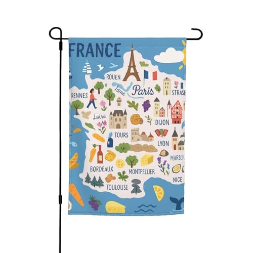 Französische Landkarte mit dekorativen Ikonen, 30,5 x 45,7 cm, Veranda, Allwetter-Flaggen für den Außenbereich, Hof, Terrasse, Hofdekoration von Bkdogkt