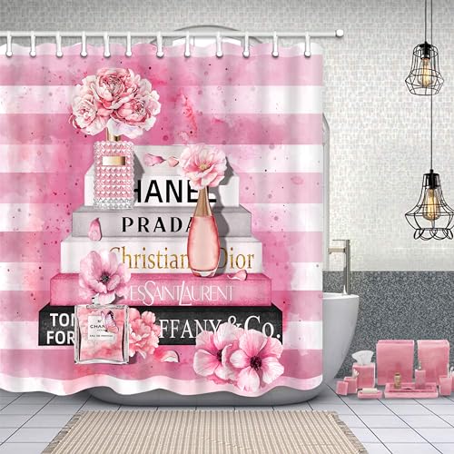 Bkyedsa High Fashion Duschvorhang, luxuriöses wasserdichtes Polyestergewebe, Duschvorhänge, Badezimmerdekoration mit 12 Haken, 183 x 183 cm, Rosa und Schwarz Bkyedsa High Fashion Duschvorhang, luxuriöses wasserdichtes Polyestergewebe, Duschvorhänge, Badezimmerdekoration mit 12 Haken, 183 x 183 cm, Rosa und Schwarz von Bkyedsa