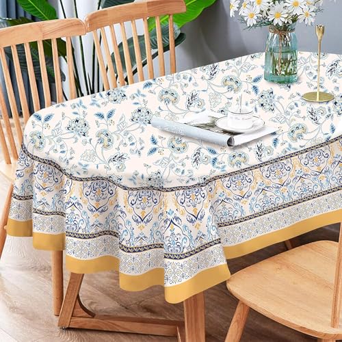 Bkyedsa Ovale Tischdecke mit Blumenmuster, blau-gelb, französische Landhaus-Tischdecke, knitterarm und waschbar, Blumen-Tischdecken, perfekt für Küche, Abendessen, Familientreffen, Urlaub, Bkyedsa Ovale Tischdecke mit Blumenmuster, blau-gelb, französische Landhaus-Tischdecke, knitterarm und waschbar, Blumen-Tischdecken, perfekt für Küche, Abendessen, Familientreffen, Urlaub, von Bkyedsa