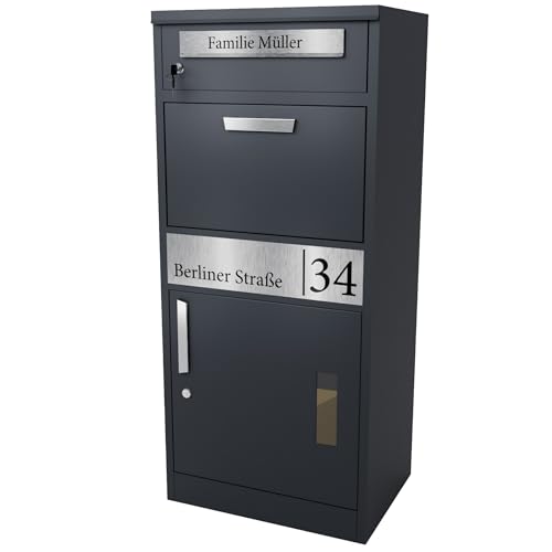 Bl4ckPrint® Briefkasten mit Paketfach personalisiert | XXL Paketbox für draußen groß | Paketbriefkasten in Anthrazit Postkasten Witterungsbeständig Rostfrei | Standbriefkasten für Pakete Wetterfest von Bl4ckPrint