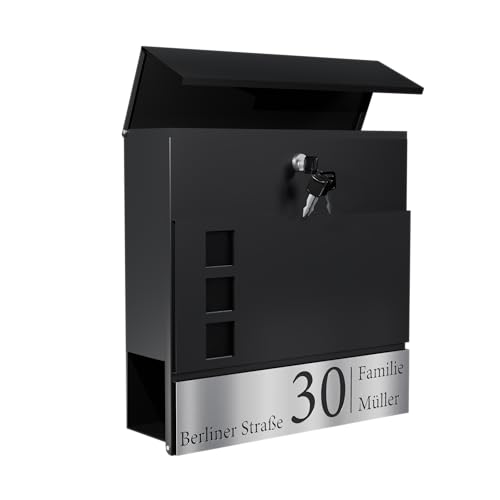 Bl4ckPrint Personalisierter Briefkasten Mit Zeitungsfach Anthrazit - Postkasten Mit Familienname, Straße Und Hausnummer - Hochwertiger Wandbriefkasten Inkl. 4 Schlüssel von Bl4ckPrint
