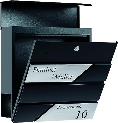 Bl4ckPrint Premium Briefkasten mit Zeitungsfach Anthrazit - Postkasten personalisiert mit Familienname Straße und Hausnummer - hochwertiger Wandbriefkasten personalisiert von Bl4ckPrint