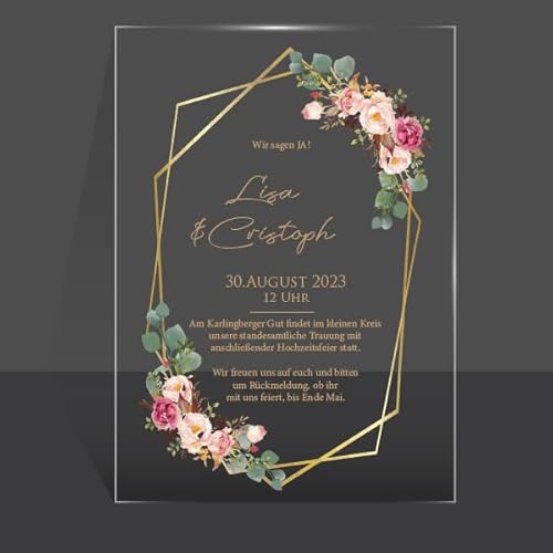 Bl4ckPrint Einladungskarten aus Acrylglas personalisierbar - Plexiglasscheiben für Hochzeitseinladung - Hochzeit Requisiten - klares Acrylglas/Plexiglas mit Aufdruck von Bl4ckPrint