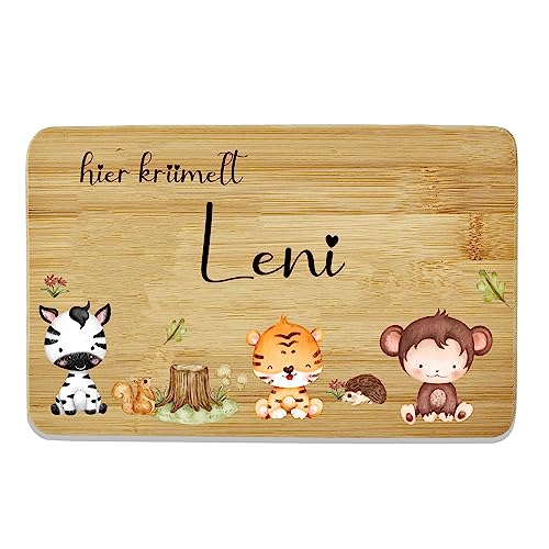 Bl4ckPrint Kinder Frühstücksbrettchen personalisierbar mit Name - Jausenbrett mit Gravur - Frühstücksbrettchen Kinder - Individuelles Holzbrettchen mit niedlichem Tiermotiv & Namen von Bl4ckPrint