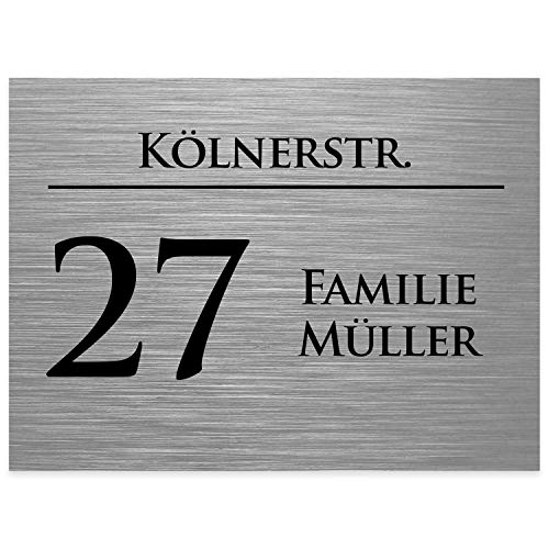 Hausnummernschild mit Gravur Nummer, Straßenname und Name Silber gebürstet - UV-beständig - Resistent gegen Korrosion und Oxidation von Bl4ckPrint