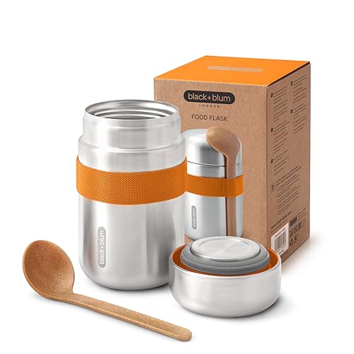 BLACK + BLUM Food Flask Thermobecher 400 ml | Orange | Thermobehälter Essen hält 6h heiß & 8h kalt | Auslaufsicher & Vakuumisoliert | mit Löffel aus Holzfasern | Lunchbox Thermo aus Edelstahl von BLACK + BLUM