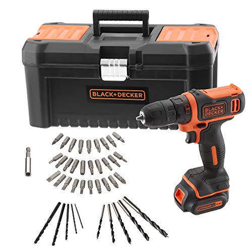 BLACK+DECKER BDCDD121KA-QW Akku-Bohrschrauber 10,8 V mit 1 Akku 1,5 Ah Lithium, 40 Zubehörteile und Werkzeugkoffer 16 Zoll von Black+Decker