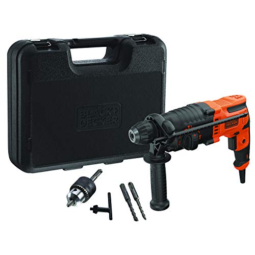 Black+Decker SDS-plus Kombihammer BEHS01K (650 Watt, 1,4 Joule, für effektives Bohren, Schlagbohren und leichte Meißelarbeiten, inkl. 2 SDS-plus Bohrer, Zahnkranzbohrfutter, Adapter, Koffer) von Black+Decker