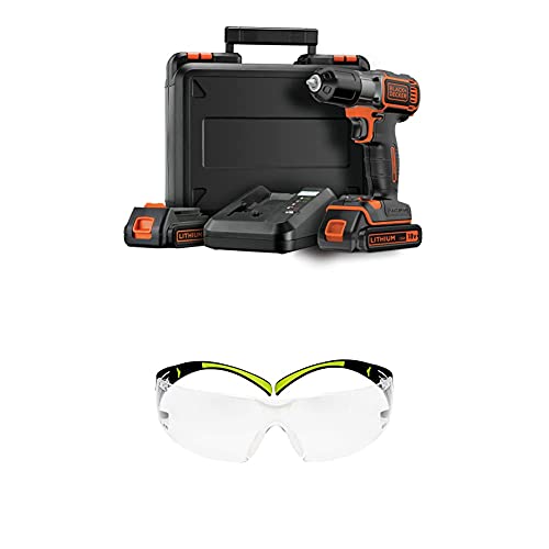 Black+Decker 18V Akku-Bohrschrauber ASD18KB, mit Autoselect-Technologie, LED-Arbeitslicht, 2 Akkus + Ladegerät inkl. 3M™ SecureFit™ 400 Schutzbrille, transparent, SF400C von Black+Decker