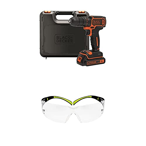 Black+Decker 18V Akku-Bohrschrauber BDCDC18K, mit LED-Arbeitsleuchte und Planetengetriebe, im Koffer, inkl. 3M™ SecureFit™ 400 Schutzbrille, transparent, SF400C von Black+Decker