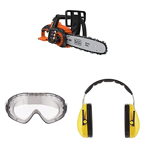 Black+Decker 18V Akku-Kettensäge GKC1825LB, 25 cm Schwertlänge, ohne Akku + Ladegerät, inkl. 3M™ Schutzbrille für Werkzeugmaschinen 2890S, und 3M H510A (87 bis 98 dB) von Black+Decker