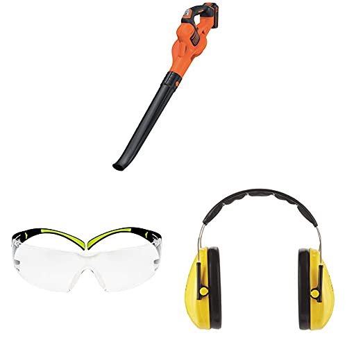 Black+Decker 18V Akku-Laubbläser GWC1820PC, mit Akku + Ladegerät, inkl. 3M™ SecureFit™ 400 Schutzbrille, transparent, SF400C und 3M™ Peltor™ Optime™ Komfort-Kapselgehörschutz H510A (87 bis 98 dB) von Black+Decker