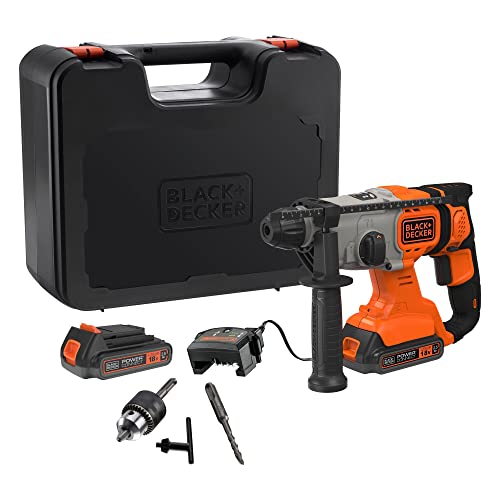 Black+Decker 18V SDS-plus Akku-Kombihammer (1,2 Joule, für effektives Bohren, Schlagbohren und leichte Meißelarbeiten, LED-Arbeitsleuchte, inkl. 2x Akkus, Ladegerät, Koffer, 1x 6mm Bohrer) BCD900E2K von Black+Decker