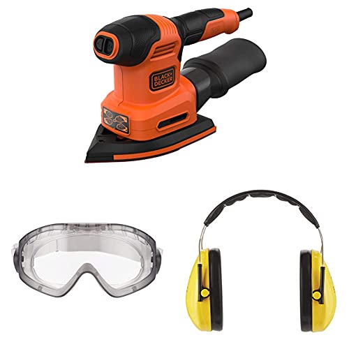 Black+Decker 200W 4-in-1 Multischleifer BEW200, mit Zubehör inkl. 3M™ Schutzbrille für Werkzeugmaschinen 2890S, transparent und 3M™ Peltor™ Optime™ Komfort-Kapselgehörschutz H510A (87 bis 98 dB) von Black+Decker