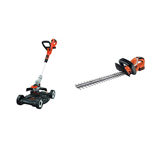 Black+Decker 3-in-1 Multi-Trimmer-Set (18V 2,0Ah, Kantenschneider, Rasentrimmer mit Rasenmäheraufsatz) & Akku Heckenschere (mit E-Drive Technologie zum Schneiden Harter) von Black+Decker