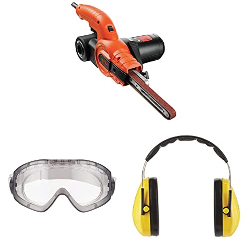 Black+Decker 350W Bandfeile KA900E mit schmalen Schleifarm, inkl. 3M™ Schutzbrille für Werkzeugmaschinen 2890S, transparent und 3M™ Peltor™ Optime™ Komfort-Kapselgehörschutz H510A (87 bis 98 dB) von Black+Decker