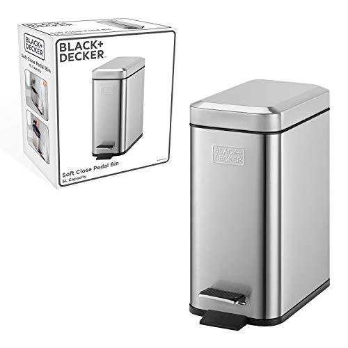 Black+Decker 61089 BXBN0005GB 5 l Rechteckiger Treteimer mit Absenkautomatik, Edelstahl, 30 x 14 x 29 cm, Steingrau, mit Profil, cool Grey, 30cm x 14cm x 29cm von Black+Decker