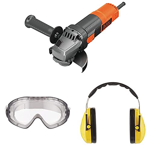 Black+Decker 900W Winkelschleifer BEG210, 115 mm Scheiben-ø, inkl. 3M™ Schutzbrille für Werkzeugmaschinen 2890S, transparent und 3M™ Peltor™ Optime™ Komfort-Kapselgehörschutz H510A (87 bis 98 dB) von Black+Decker