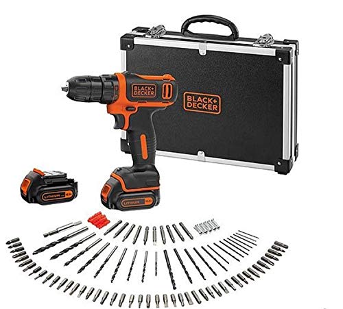 Black+Decker Akku-Bohrschrauber (10.8V 1,5Ah, ultrakompakt & leicht, mit LED-Arbeitsleuchte, Softgriff, inkl. 200mA Ladekabel, 2x Akkus, 100tlg. Zubehör, in hochwertigem Koffer) BDCDD12BAFC von Black+Decker