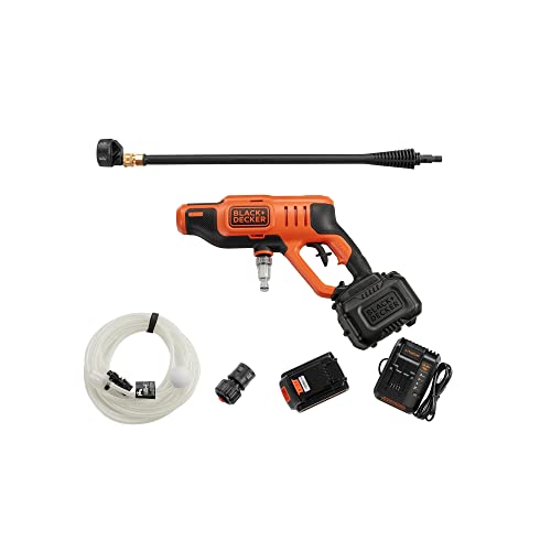 Black+Decker Akku-Druckreiniger BCPC18D1 (18V, 2.0 Ah, 24 bar, mobiler Druckreiniger zur Reinigung oder Bewässerung, mit flexiblen Wasseranschluss, 5in1 Multifunktionsdüse, inkl. Akku, Ladegerät), BCPC18D1-QW, schwarz/orange von Black+Decker