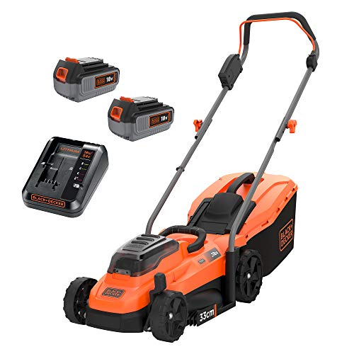 Black+Decker Akku-Rasenmäher BCMW33184L2 (betrieben mit 2x 18V Akkus, 4.0Ah, 33 cm Schnittbreite, für mittlere Rasenflächen bis 400 m², 5-fache Höhenverstellung, inkl. 2 Akkus, Ladegerät) von Black+Decker