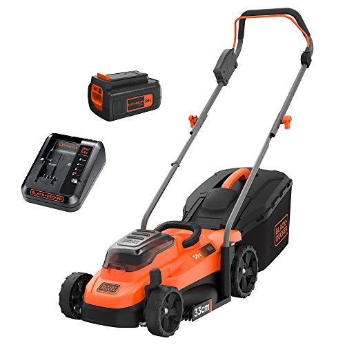 Black+Decker Akku-Rasenmäher BCMW3336L1 (36V, 2.5Ah, 33 cm Schnittbreite, für mittlere Rasenflächen bis 250 m², 5-fache Höhenverstellung, inkl. 1 Akku, Ladegerät, 35l Fangkorb), Orange/Schwarz von Black+Decker