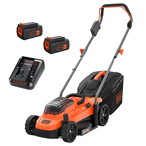 Black+Decker Akku-Rasenmäher BCMW3336L2 (36V, 2.5Ah, 33 cm Schnittbreite, für mittlere Rasenflächen bis 500 m², 5-fache Höhenverstellung, inkl. 2 Akkus, Ladegerät, 35l Fangkorb), Orange/Schwarz von Black+Decker